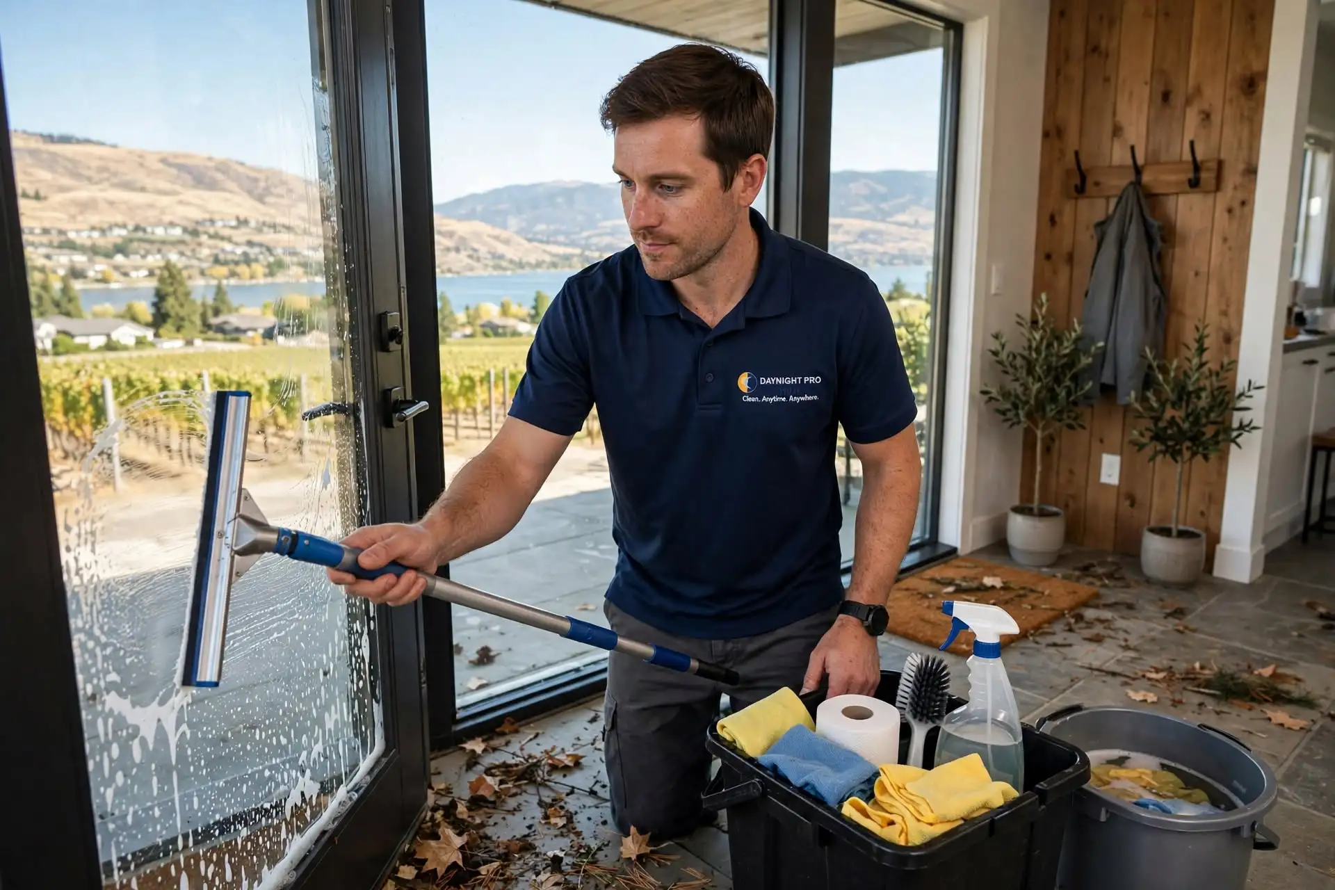 DayNight Pro cleaner maintaining windows during the South Okanagan season
